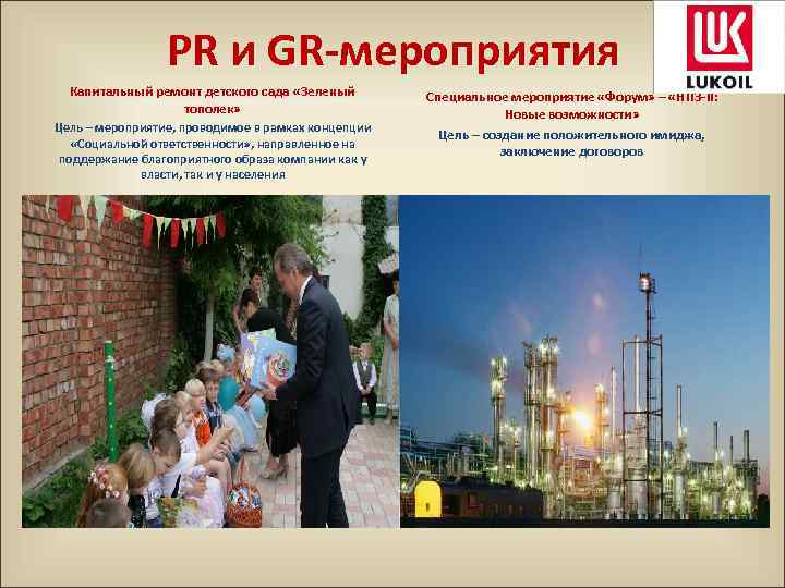 PR и GR-мероприятия Капитальный ремонт детского сада «Зеленый тополек» Цель – мероприятие, проводимое в