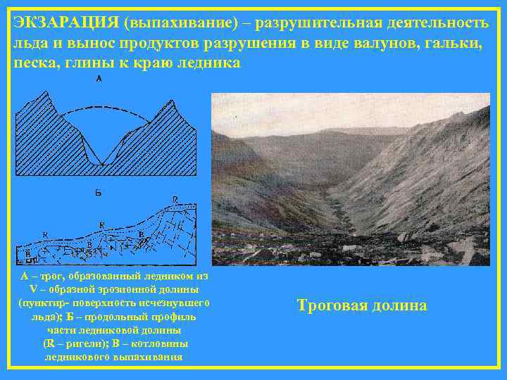 ЭКЗАРАЦИЯ (выпахивание) – разрушительная деятельность льда и вынос продуктов разрушения в виде валунов, гальки,