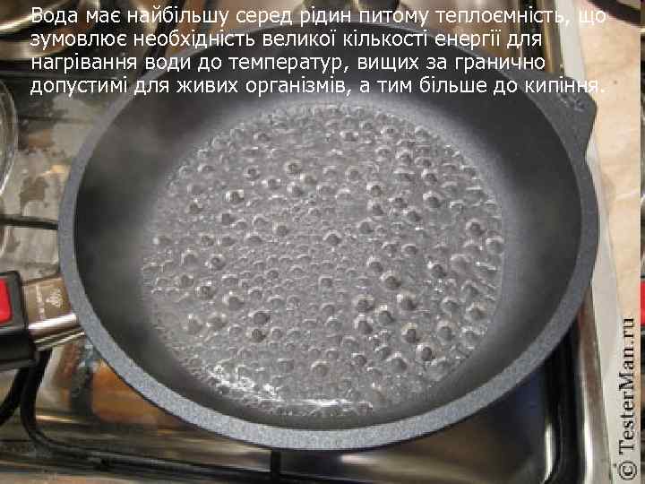 Вода має найбільшу серед рідин питому теплоємність, що зумовлює необхідність великої кількості енергії для