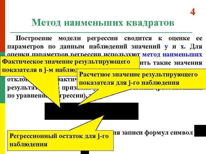 Метод наименьших квадратов 4 Построение модели регрессии сводится к оценке ее параметров по данным