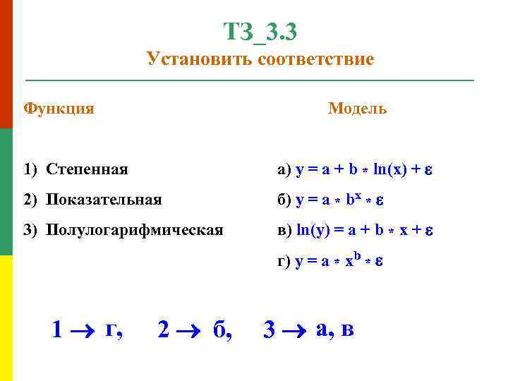 ТЗ_3. 3 Установить соответствие Функция Модель 1) Степенная а) y = a + b