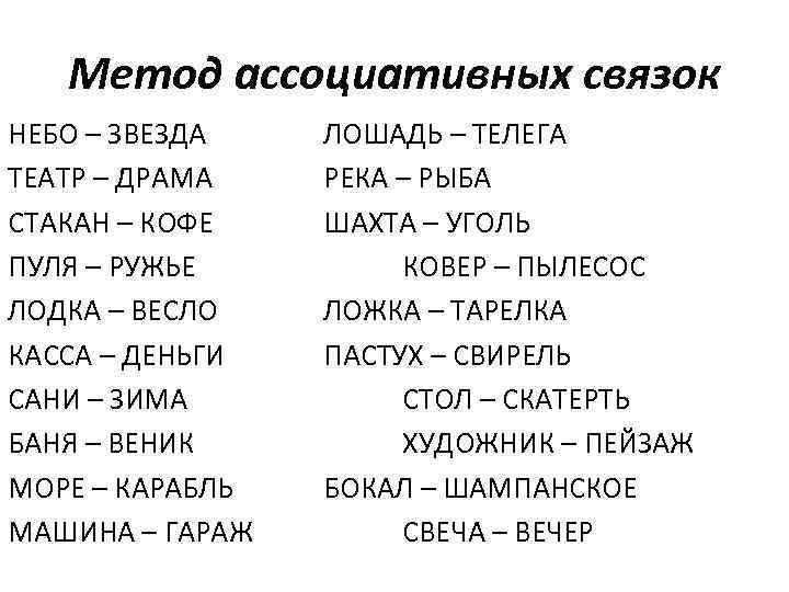 Метод ассоциативных связок НЕБО – ЗВЕЗДА ТЕАТР – ДРАМА СТАКАН – КОФЕ ПУЛЯ –