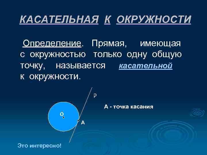 КАСАТЕЛЬНАЯ К ОКРУЖНОСТИ Определение. Прямая, имеющая с окружностью только одну общую точку, называется касательной