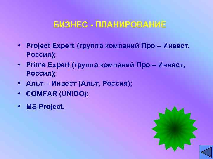 БИЗНЕС - ПЛАНИРОВАНИЕ • Project Expert (группа компаний Про – Инвест, Россия); • Prime