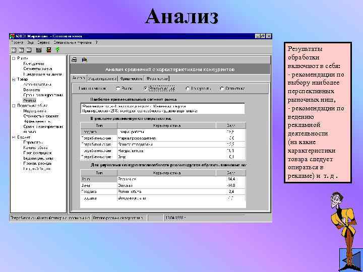 Анализ Результаты обработки включают в себя: - рекомендации по выбору наиболее перспективных рыночных ниш,