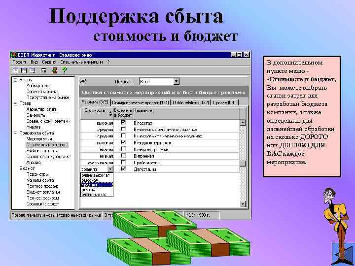 Поддержка сбыта стоимость и бюджет В дополнительном пункте меню -Стоимость и бюджет, Вы можете