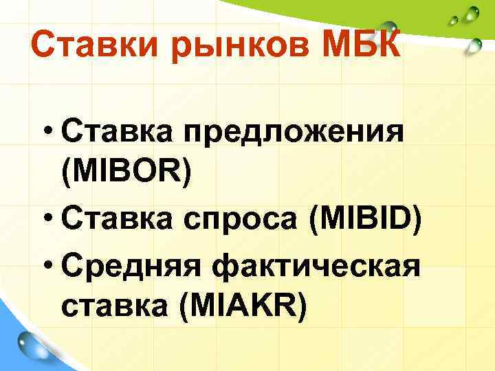 Ставки рынков МБК • Ставка предложения (MIBOR) • Ставка спроса (MIBID) • Средняя фактическая