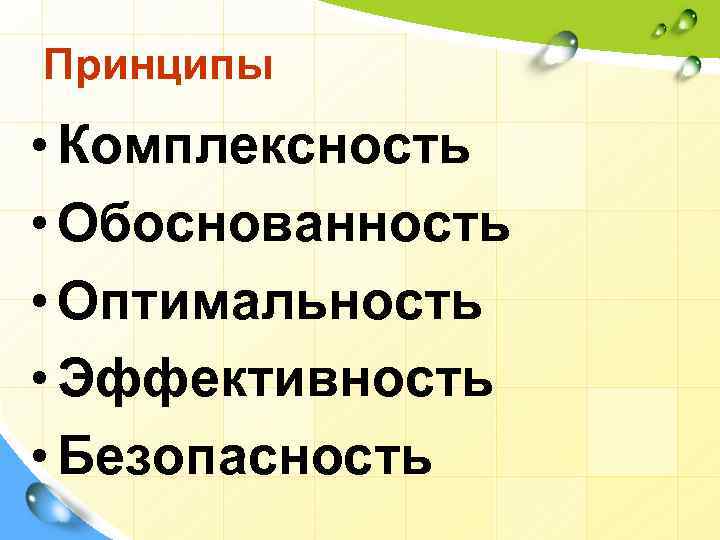 Принципы • Комплексность • Обоснованность • Оптимальность • Эффективность • Безопасность 