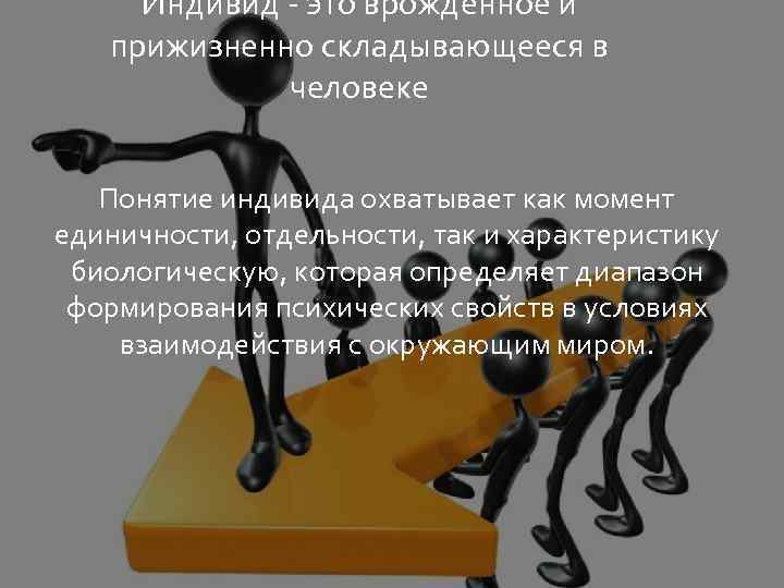 Индивид - это врожденное и прижизненно складывающееся в человеке Понятие индивида охватывает как момент