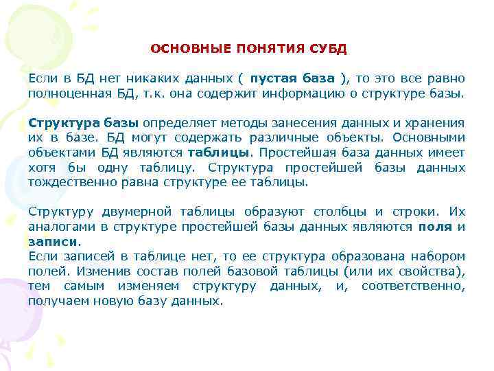 ОСНОВНЫЕ ПОНЯТИЯ СУБД Если в БД нет никаких данных ( пустая база ), то