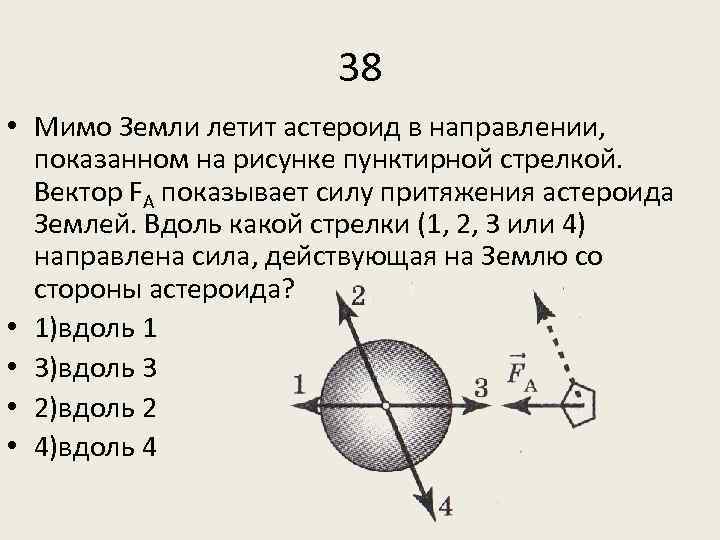 Мимо земли летит астероид в направлении показанном на рисунке пунктирной стрелкой вектор fa по