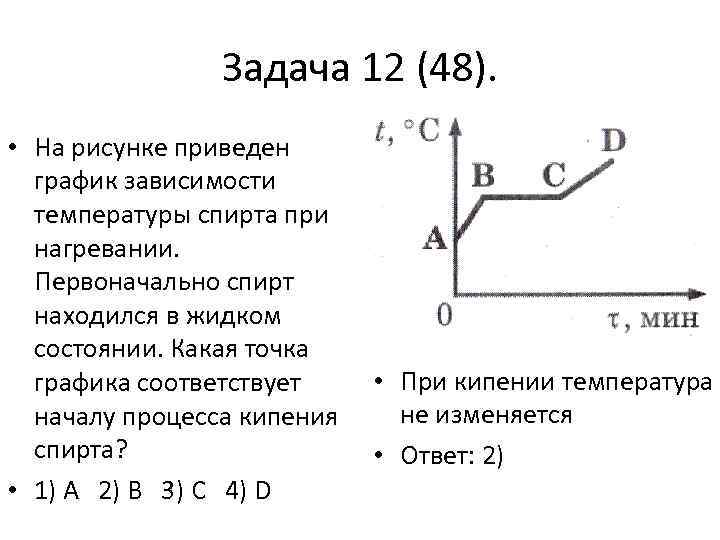 Задача 12 (48). • На рисунке приведен график зависимости температуры спирта при нагревании. Первоначально