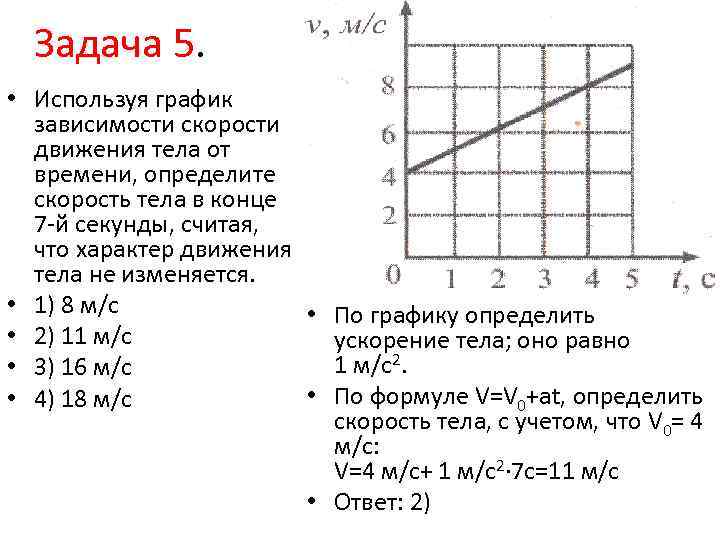 Задача 5. • Используя график зависимости скорости движения тела от времени, определите скорость тела