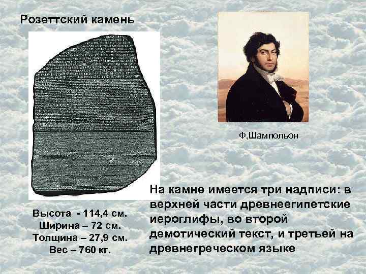 Розеттский камень Ф, Шампольон Высота - 114, 4 см. Ширина – 72 см. Толщина