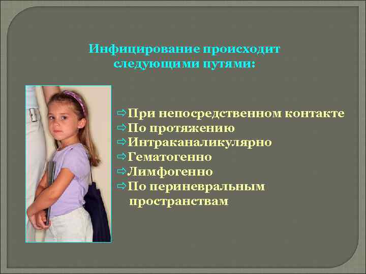 Инфицирование происходит следующими путями: ðПри непосредственном контакте ðПо протяжению ðИнтраканаликулярно ðГематогенно ðЛимфогенно ðПо периневральным
