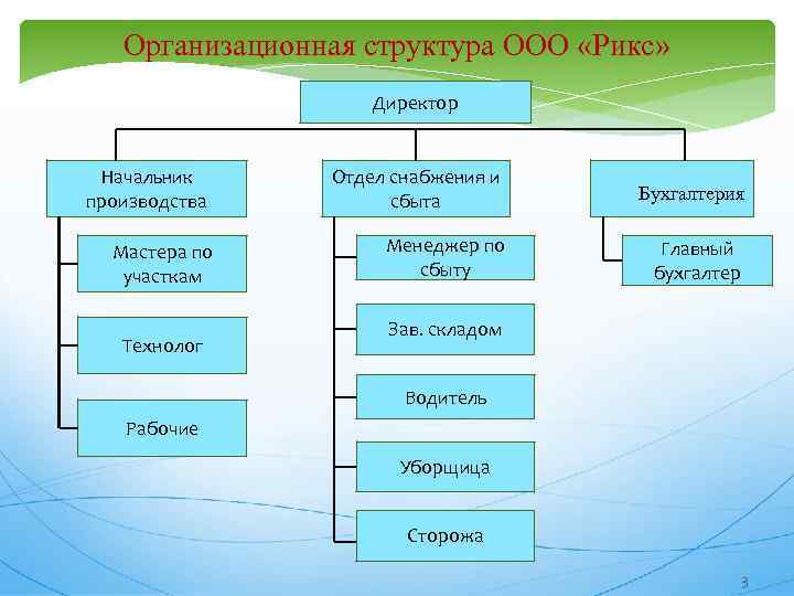 Организационная структура ООО «Рикс» Директор Начальник производства Мастера по участкам Технолог Отдел снабжения и