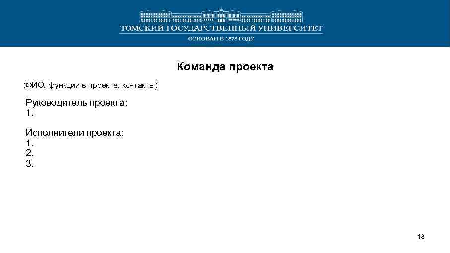 Команда проекта (ФИО, функции в проекте, контакты) Руководитель проекта: 1. Исполнители проекта: 1. 2.