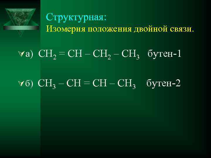 Структурная: Изомерия положения двойной связи. Úа) CH 2 = CH – CH 2 –