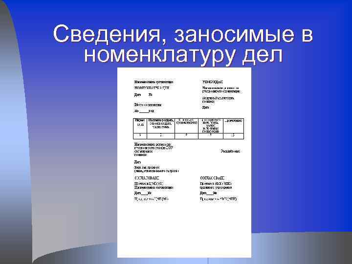 Сведения, заносимые в номенклатуру дел 