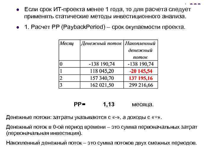 l l Если срок ИТ-проекта менее 1 года, то для расчета следует применять статические