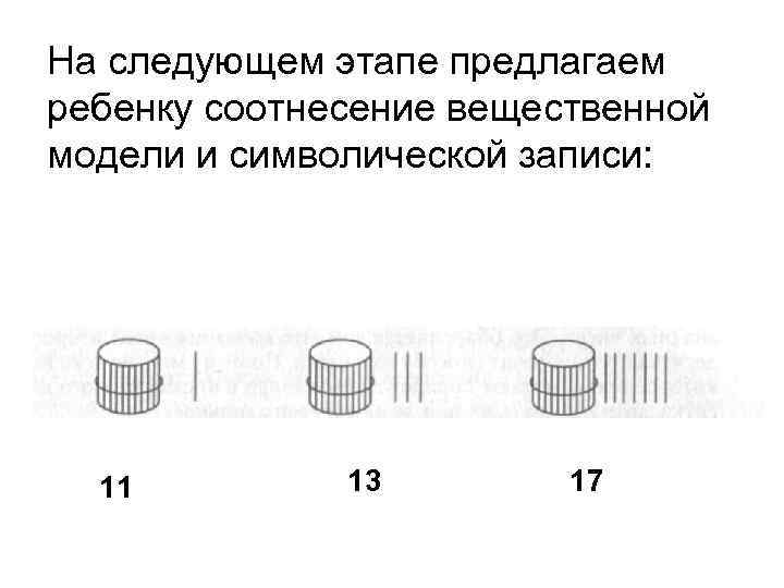 На следующем этапе предлагаем ребенку соотнесение вещественной модели и символической записи: 11 13 17