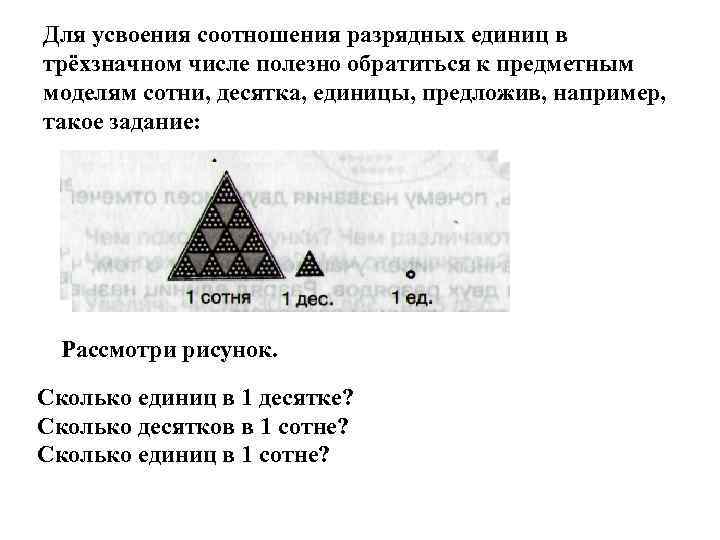 Для усвоения соотношения разрядных единиц в трёхзначном числе полезно обратиться к предметным моделям сотни,