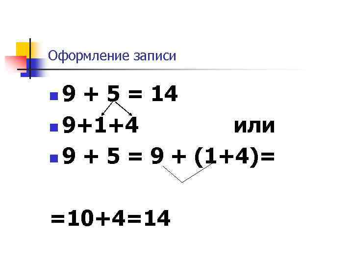 Оформление записи 9 + 5 = 14 n 9+1+4 или n 9 + 5