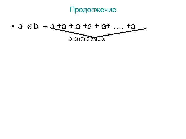 Продолжение • a x b = a +a + a+ …. +a b слагаемых