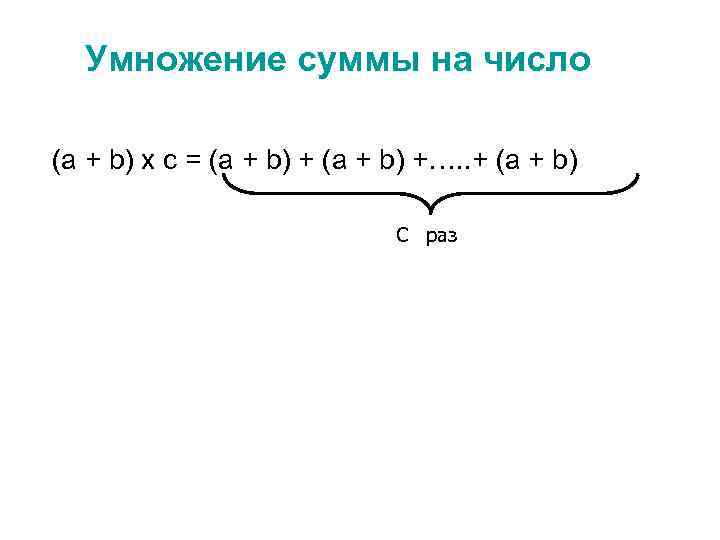 Умножение суммы на число (a + b) x c = (a + b) +….