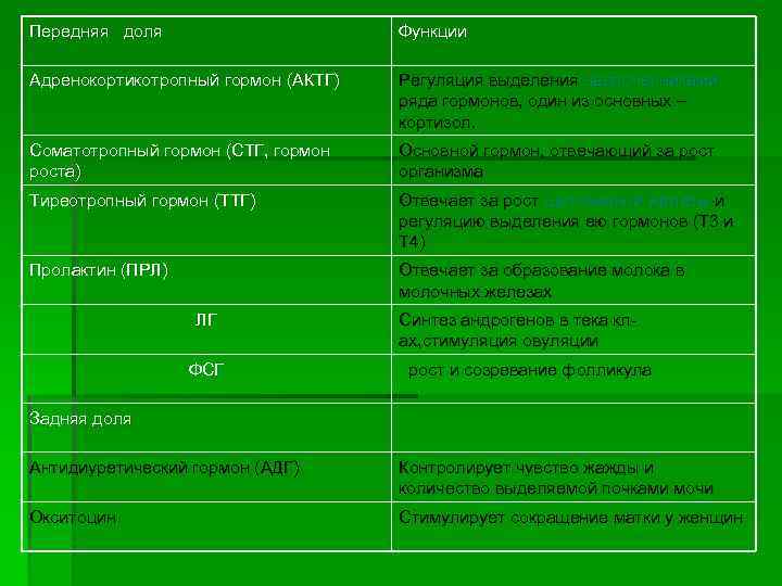 Передняя доля Функции Адренокортикотропный гормон (АКТГ) Регуляция выделения надпочечниками ряда гормонов, один из основных