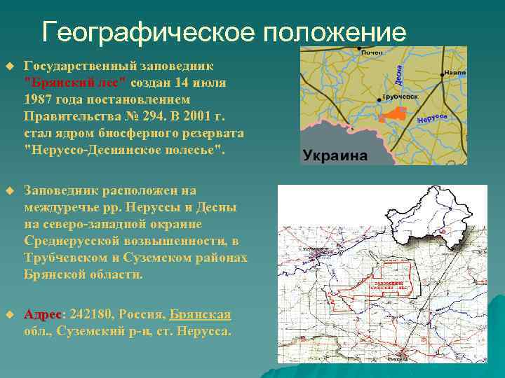 Географическое положение u Государственный заповедник "Брянский лес" создан 14 июля 1987 года постановлением Правительства
