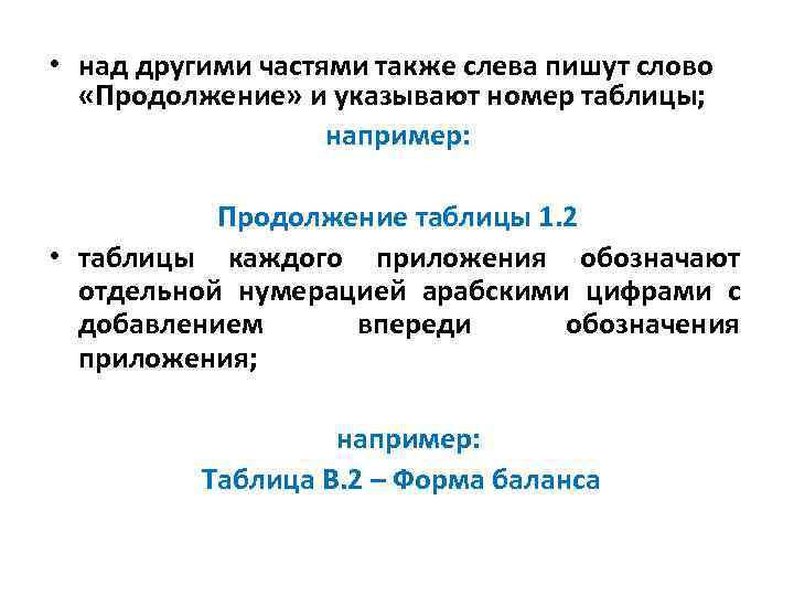  • над другими частями также слева пишут слово «Продолжение» и указывают номер таблицы;
