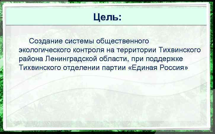 Цель: Создание системы общественного экологического контроля на территории Тихвинского района Ленинградской области, при поддержке