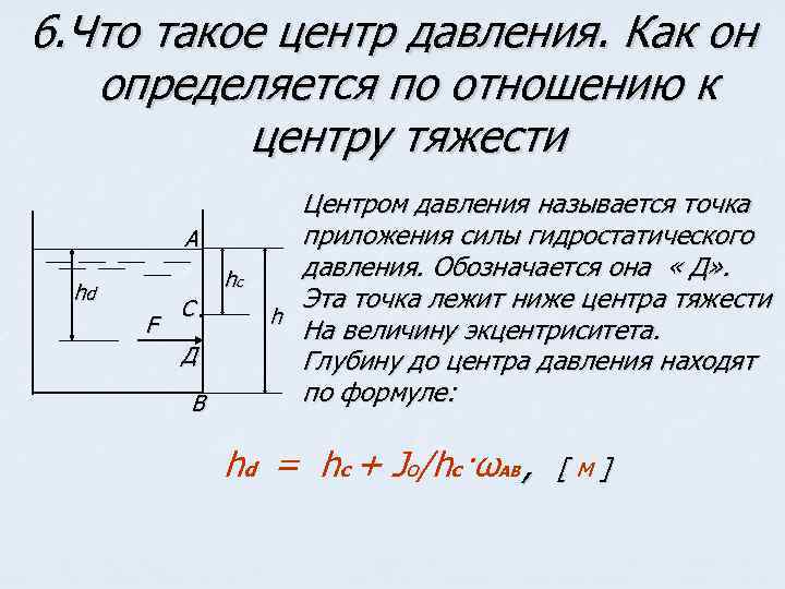 6. Что такое центр давления. Как он определяется по отношению к центру тяжести А