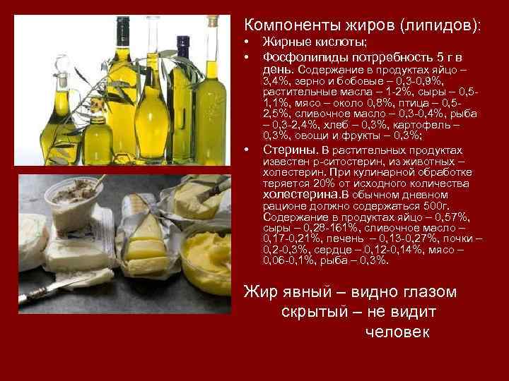 Компоненты жиров (липидов): • • • Жирные кислоты; Фосфолипиды потрребность 5 г в день.