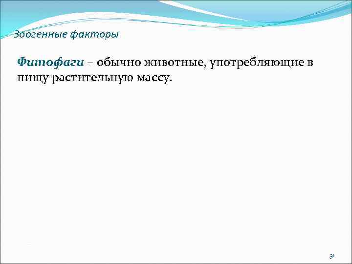 Зоогенные факторы Фитофаги – обычно животные, употребляющие в пищу растительную массу. 31 
