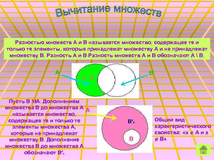 Разностью множеств А и В называется множество, содержащее те и только те элементы, которые