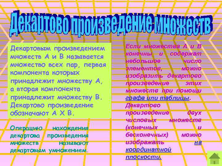 Декартовым произведением множеств А и В называется множество всех пар, первая компонента которых принадлежит
