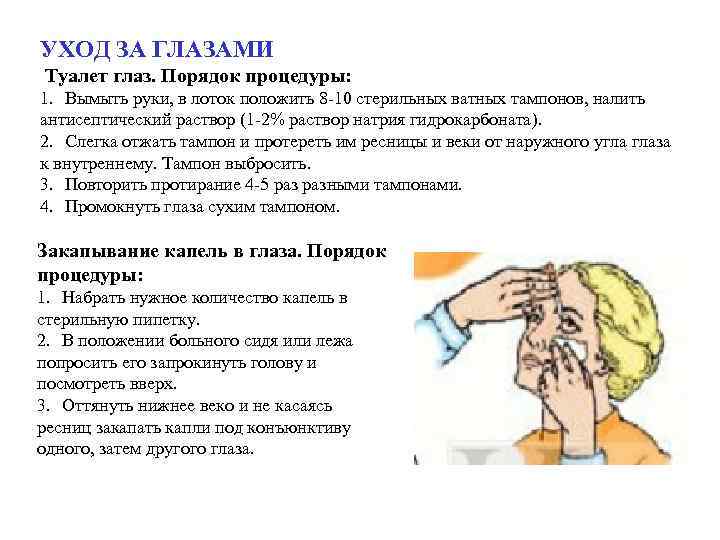 УХОД ЗА ГЛАЗАМИ Туалет глаз. Порядок процедуры: 1. Вымыть руки, в лоток положить 8