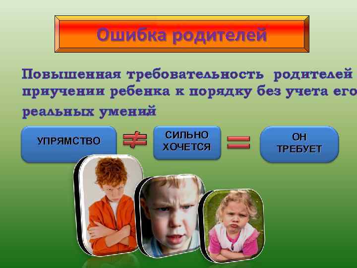 Ошибка родителей Повышенная требовательность родителей приучении ребенка к порядку без учета его реальных умений.
