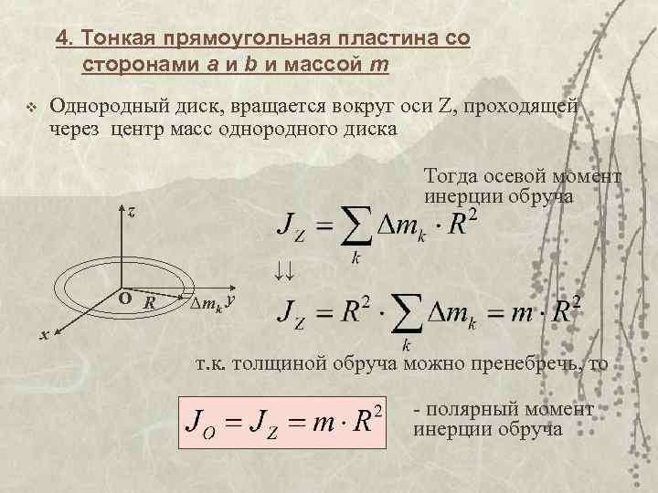 4. Тонкая прямоугольная пластина со сторонами a и b и массой m v Однородный