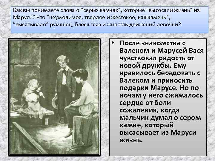 Как вы понимаете слова о “серых камнях”, которые “высосали жизнь” из Маруси? Что “неумолимое,