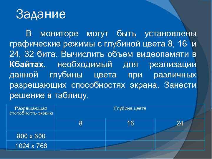 Какой объем видеопамяти необходим для хранения графического изображения 800 640 при глубине цвета 24