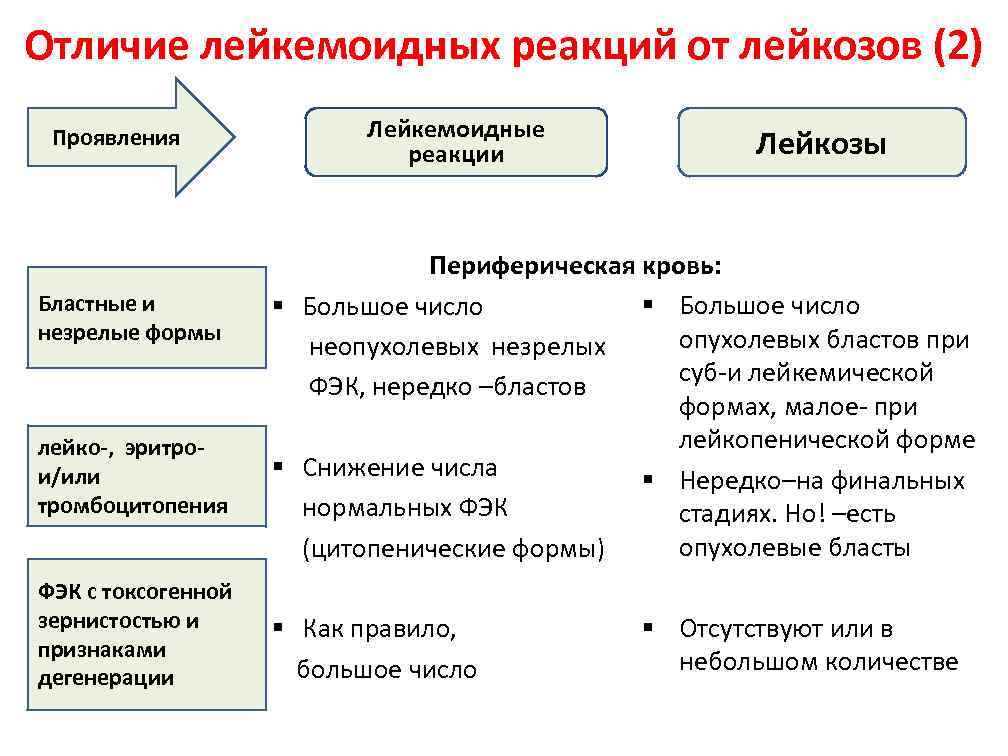 Отличие лейкемоидных реакций от лейкозов (2) Лейкемоидные Проявления реакции Лейкозы Периферическая кровь: Бластные и