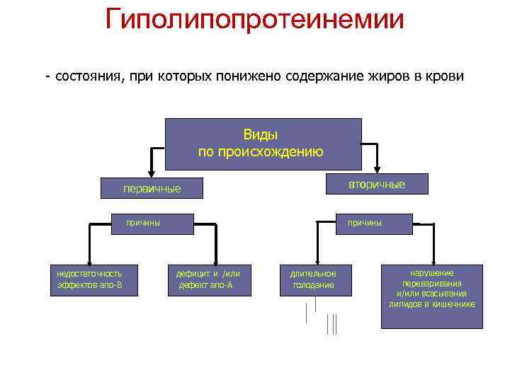 Гиполипопротеинемии - состояния, при которых понижено содержание жиров в крови Виды по происхождению первичные