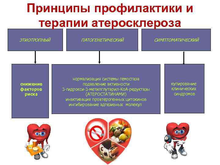 Принципы профилактики и терапии атеросклероза ЭТИОТРОПНЫЙ снижение факторов риска ПАТОГЕНЕТИЧЕСКИЙ нормализация системы гемостаза подавление