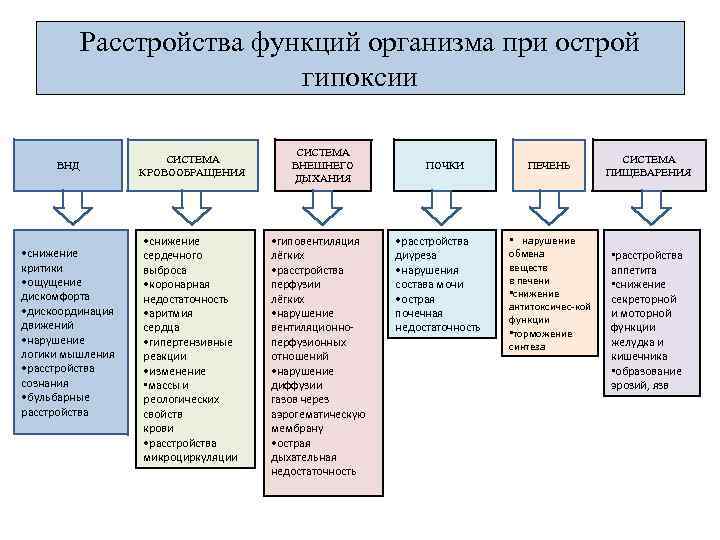 Расстройства функций организма при острой гипоксии ВНД • снижение критики • ощущение дискомфорта •