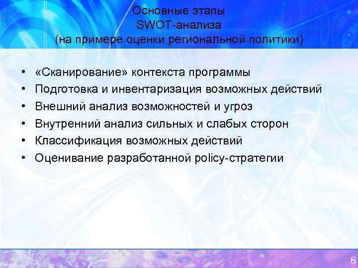 Основные этапы SWOT-анализа (на примере оценки региональной политики) • • • «Сканирование» контекста программы