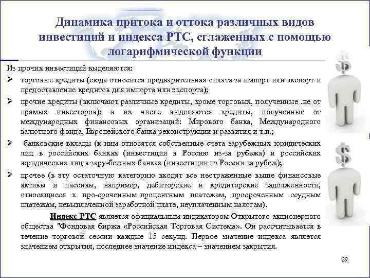 Динамика притока и оттока различных видов инвестиций и индекса РТС, сглаженных с помощью логарифмической