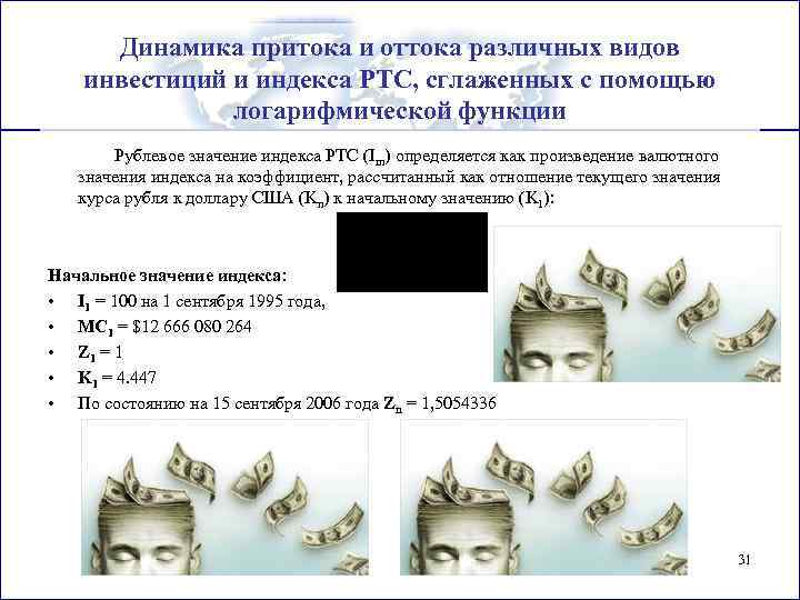 Динамика притока и оттока различных видов инвестиций и индекса РТС, сглаженных с помощью логарифмической